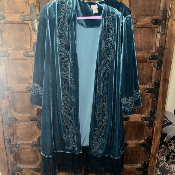 Chicos Travelers Collection Teal Blue Cascading Beaded Jacket Size 4 - Picture 1 of 8